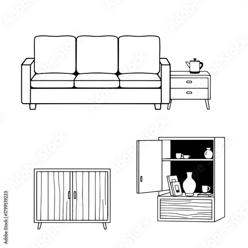 “Render a minimalist modular furniture graphic with four separate objects—sofa, side table with cooker and mug, line-patterned cabinet, and open box with décor. Use heavy black outlines, white interio