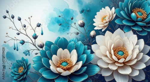 A vibrant display of blue and white flowers in full bloom, creating a beautiful floral arrangement with artistic watercolor effects