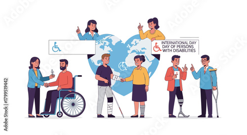 A diverse community of people with different disabilities celebrating social inclusion, support, and accessibility