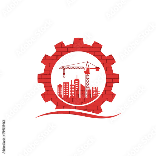 Industrial Masonry Construction and City Development Logo Vector. Crane, Skyline, and Brickwork Inside Red Gear Symbol.