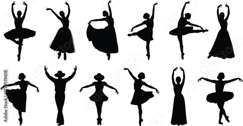 Ballet dancer silhouette vector set, black and white illustration, graceful pose design, classical dance icon, performance template, artistic movement artwork