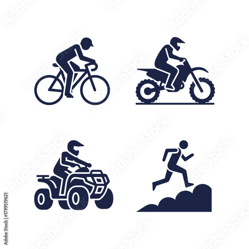 Set of Cycling, Motor Sports, and Running Silhouettes Vector. Collection of Bicycle, Dirt Bike, ATV, and Trail Running Icons.