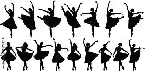 Ballet dancer silhouette vector set, black and white illustration, classical dance poses, graceful movement design, performing arts icon, editable template