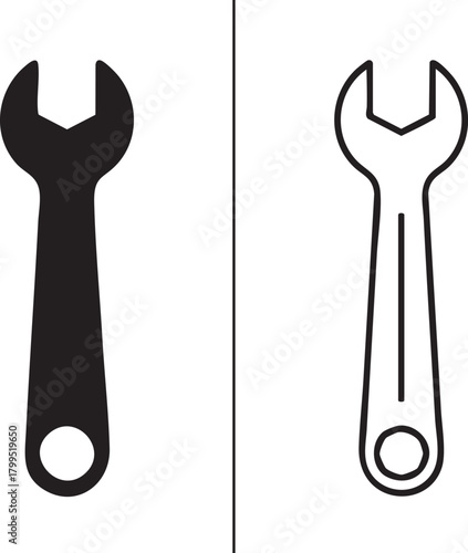 Two wrench icons one solid silhouette and one outline isolated on transparent background