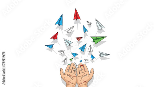 Open hands releasing a swarm of paper airplanes in various colors and sizes