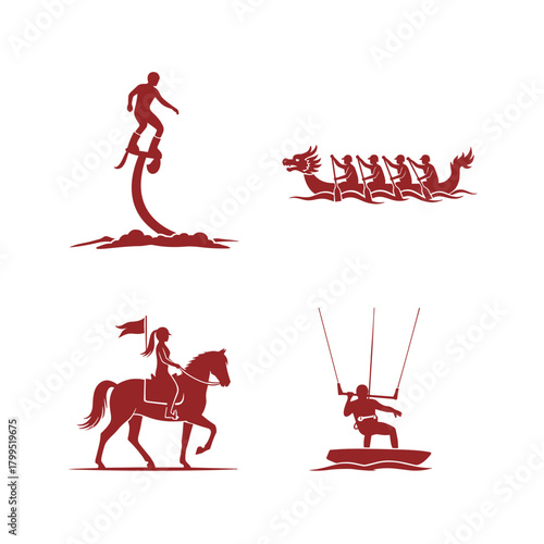 Set of Adventure and Cultural Sports Silhouettes Vector. Collection of Acrobatics, Dragon Boat Racing, and Kitesurfing Icons.