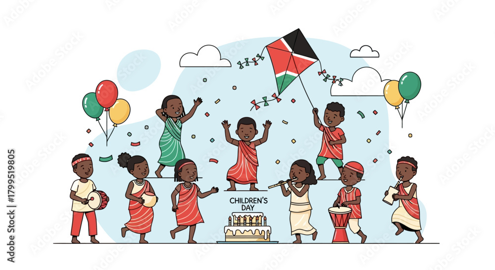 Fototapeta premium Children's Day Celebration with Kids Playing and Flying a Kite