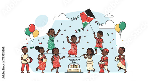 Children's Day Celebration with Kids Playing and Flying a Kite