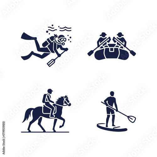 Set of Water and Equestrian Sports Silhouettes Vector. Collection of Scuba Diving, Rafting, Horse Riding, and Paddleboarding Icons.