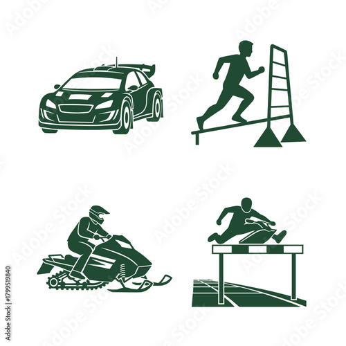 Set of Track, Motor, and Winter Sports Silhouettes Vector. Collection of Rally Car, Hurdling Runner, and Snowmobiling Icons.