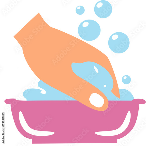 Hands washing in red basin with blue bubbles, great for family, school, or childcare hygiene education.