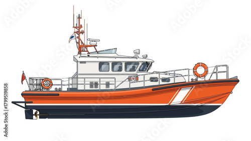 Orange and white rescue boat with antennas and life preservers