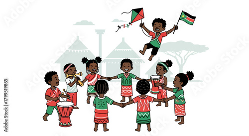 Joyful African Children Celebrating Together A Vibrant Community Playing Music and Flying Kites in a Cultural Circle of Friendship