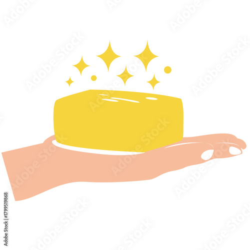 Shiny yellow soap with sparkles, ideal for handwashing, sanitization, or kids’ hygiene education visuals.