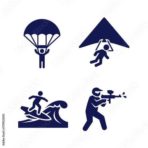 Set of Extreme Adventure Sports Silhouettes Vector. Collection of Paragliding, Hang Glider, Surfing, and Paintball Icons.