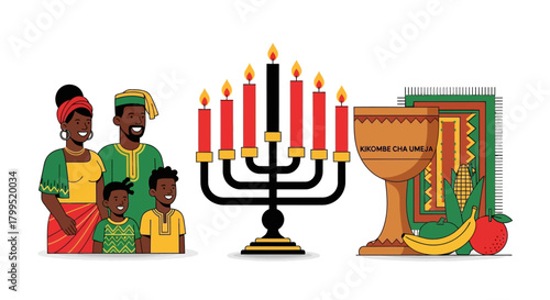 Family Celebrating Kwanzaa Together with Traditional Symbols and Festive Elements