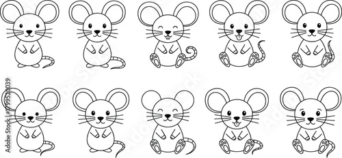 Cartoon mouse vector set, black and white illustration, pattern recognition puzzle, educational character design, observation skill activity, children’s learning template