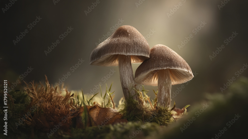 Fototapeta premium Close up of two mushrooms growing on a mossy surface in a softly lit forest environment setting