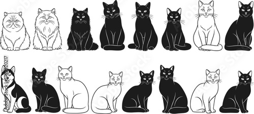 Cat illustration vector set, black and white pet designs, stylized feline poses, breed variety artwork, animal character template, domestic cat icons