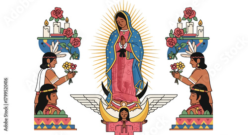 Sacred Icon of Celestial Mother with Indigenous Devotion and Floral Offerings, Illustrating Spiritual Heritage and Cultural Tradition