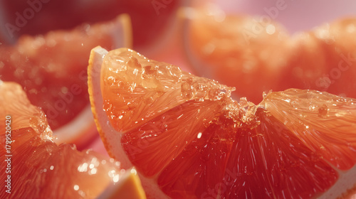 Close up of sliced grapefruit with glistening juice droplets in a vibrant and refreshing display