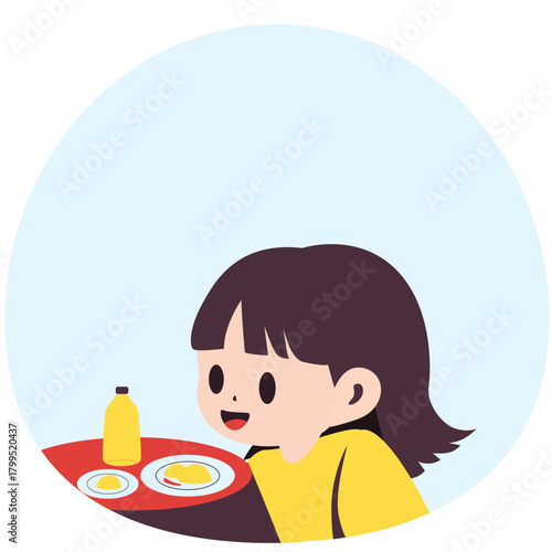 Girl eating at table with bottle, promoting mealtime hygiene, healthy habits, and clean dining in children’s education.