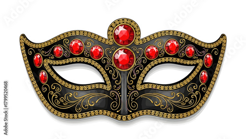 Ornate black and gold masquerade mask with red gems