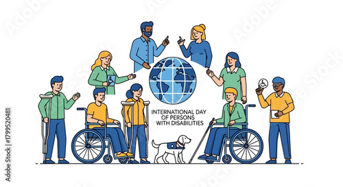 Diverse group of people with disabilities interacting around a globe, celebrating International Day of Persons with Disabilities, promoting inclusion and accessibility worldwide