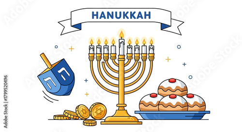 Hanukkah Celebration Festive Icon with Menorah, Dreidel, Coins, and Sweet Treats