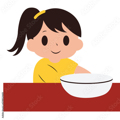 Girl sitting at table with bowl, promoting mealtime cleanliness, healthy eating, and family hygiene education.