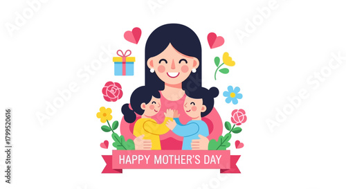 Happy Mother's Day illustration with loving mother and children surrounded by gifts and flowers