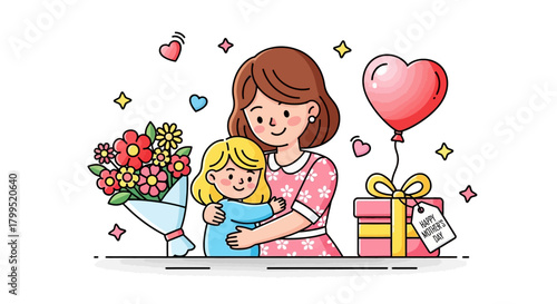 A loving mother embraces her daughter with a bouquet and gift, celebrating motherhood and special moments