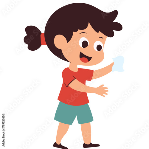 Girl using tissue to wipe face, great for teaching personal hygiene, sneeze etiquette, or childcare education.