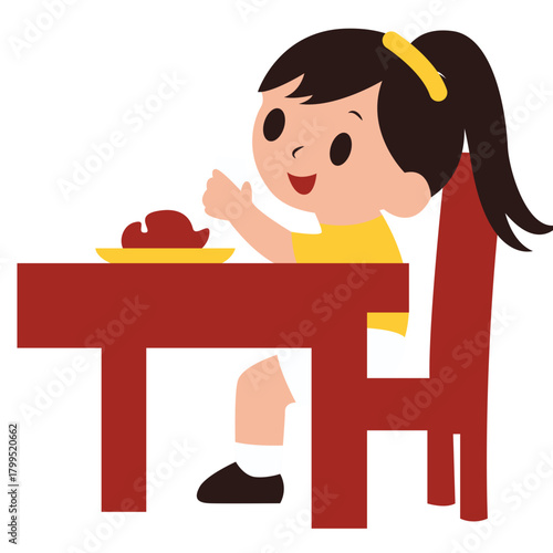 Happy girl eating at table, symbolizing mealtime hygiene, cleanliness, and healthy habits in parenting guides.