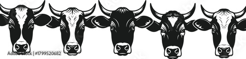 Cow head vector set, black and white design, livestock illustration, horned animal graphic, farm cattle icon, symmetrical face template, rural branding