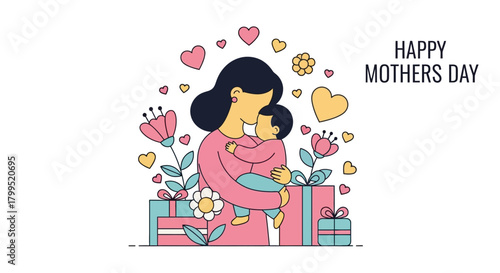 Happy Mother's Day celebration with mom and child surrounded by gifts and flowers in a heartwarming illustration