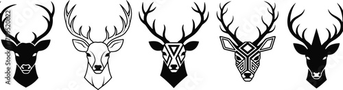 Deer head vector set, black and white illustration, antler design styles, tribal and geometric patterns, wildlife graphic icon, nature-inspired template
