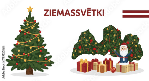 Christmas Eve Celebration with Santa and Gifts under Decorated Tree, Latvia Theme
