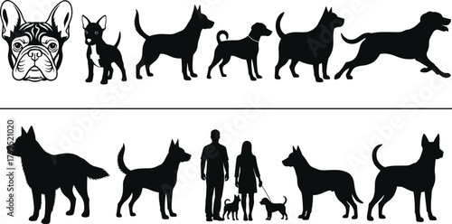Dog breed silhouette vector set, black and white illustration, size comparison chart, human scale reference, pet icon template, animal graphic artwork