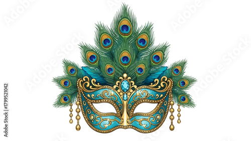 Ornate peacock feather masquerade mask with gold trim and jewels