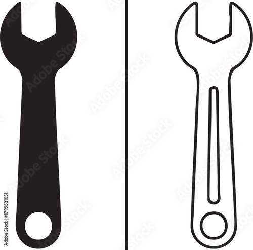 Black silhouette and outline of a wrench isolated on transparent background