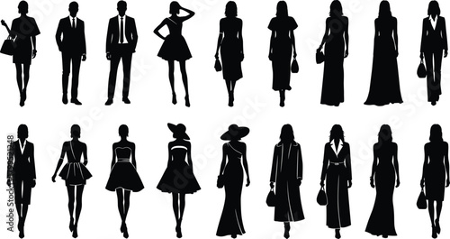Fashion silhouette vector set, black and white illustration, stylish outfit poses, walking figure design, clothing icon template, runway model artwork