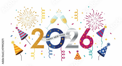 Festive New Year 2026 Celebration with Fireworks, Champagne and Party Hats