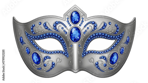 Ornate silver Venetian mask with blue gemstones
