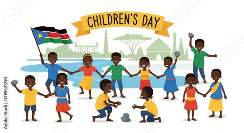 Children's Day Celebration with Diverse Group of Kids from South Sudan and Illustrations