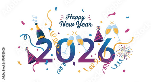 Festive New Year 2026 Celebration with Confetti, Champagne, and Party Hats