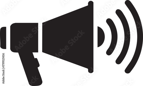 Black silhouette of a megaphone emitting sound waves isolated on transparent background