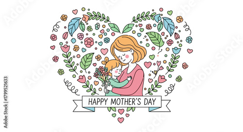 Heart-Shaped Mother's Day Illustration A Celebration of Love, Flowers, and Family Bonds