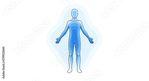 Vector illustration of a human body silhouette with a glowing blue aura, representing spiritual energy and the metaphysical biofield