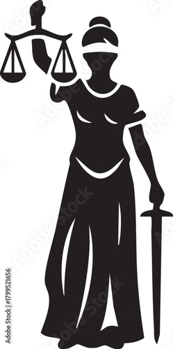 Black silhouette of lady justice holding scales and sword isolated on transparent background